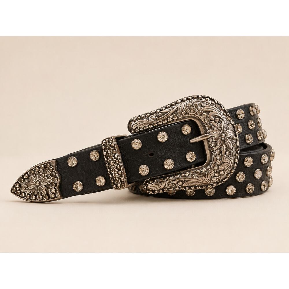 Vintage Studded Leather Suede Western Belt Rhinestone Silver Buckle 38” Medium